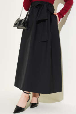 Pazarium - Kendinden Kuşaklı Kloş Etek Siyah