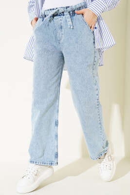 Kuşaklı Bel Lastikli Kot Pantolon Kar Açık - Thumbnail