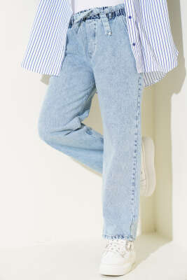 Kuşaklı Bel Lastikli Kot Pantolon Kar Açık - Thumbnail