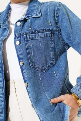 Sıra Taşlı Püsküllü Kısa Kot Ceket Kot - Thumbnail