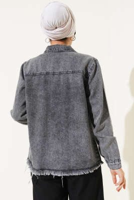 Sıra Taşlı Püsküllü Kısa Kot Ceket Füme - Thumbnail