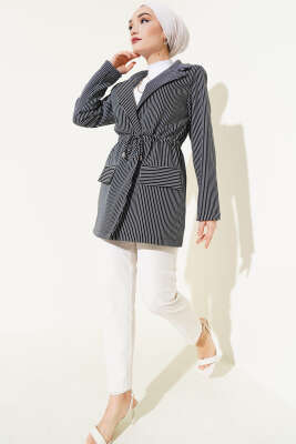 Bel Tünelli Çizgili Ceket Siyah - Thumbnail