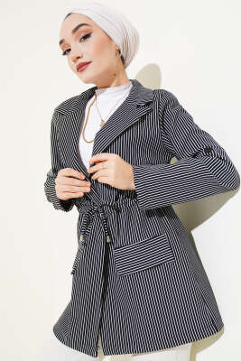Bel Tünelli Çizgili Ceket Siyah - Thumbnail