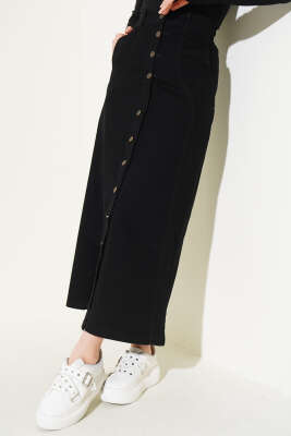 Önü Metal Düğmeli Kot Etek Siyah - Thumbnail