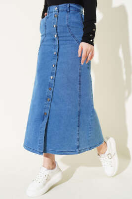 Önü Metal Düğmeli Kot Etek Kot - Thumbnail