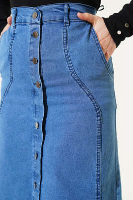 Önü Metal Düğmeli Kot Etek Kot - Thumbnail