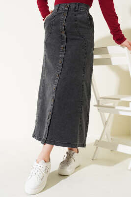 Önü Metal Düğmeli Kot Etek Antrasit - Thumbnail