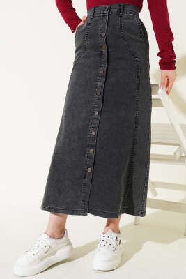 Önü Metal Düğmeli Kot Etek Antrasit - Thumbnail