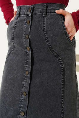 Önü Metal Düğmeli Kot Etek Antrasit - Thumbnail