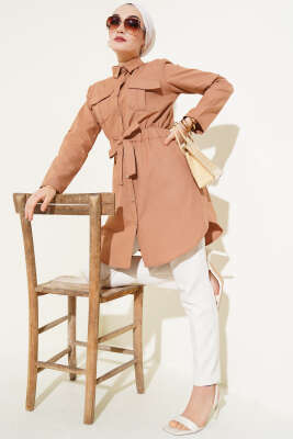 Çift Cepli Bel Lastikli Gömlek Taba - Thumbnail