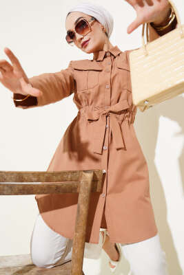 Çift Cepli Bel Lastikli Gömlek Taba - Thumbnail