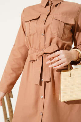 Çift Cepli Bel Lastikli Gömlek Taba - Thumbnail