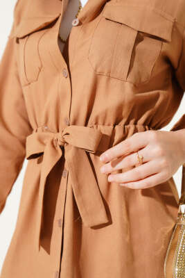 Çift Cepli Bel Lastikli Gömlek Camel - Thumbnail