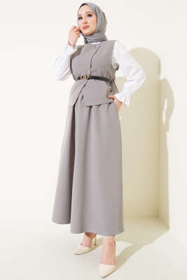 Pazarium - Çapraz Düğmeli Kemerli Etekli İkili Takım Gri