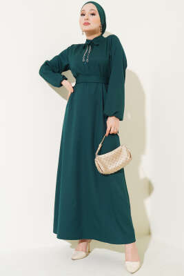 Pazarium - Yarım Düğmeli Yaka İpli Elbise Zümrüt