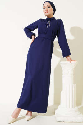 Pazarium - Yarım Düğmeli Yaka İpli Elbise Lacivert