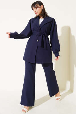 Pazarium - Kruvaze Yaka Kuşaklı İkili Takım Lacivert