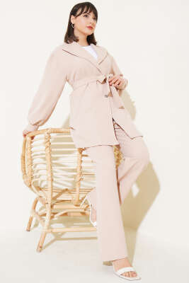 Pazarium - Kruvaze Yaka Kuşaklı İkili Takım Bej