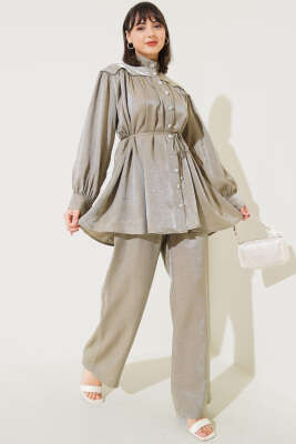 Pazarium - Taş Düğmeli Büzgülü İkili Takım Haki