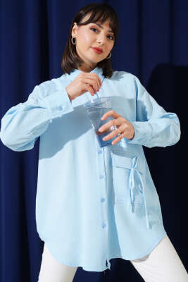 Pazarium - Cep Detaylı Müslin Gömlek Mavi