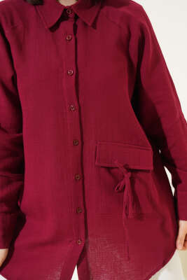 Cep Detaylı Müslin Gömlek Bordo - Thumbnail