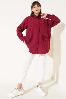 Cep Detaylı Müslin Gömlek Bordo - Thumbnail