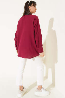 Cep Detaylı Müslin Gömlek Bordo - Thumbnail