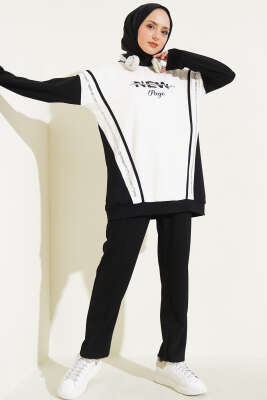 Pazarium - Loyşa Baskılı Pullu İkili Takım Siyah