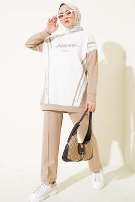 Pazarium - Loyşa Baskılı Pullu İkili Takım Bej