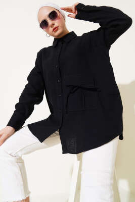 Pazarium - Cep Detaylı Müslin Gömlek Siyah