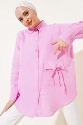 Pazarium - Cep Detaylı Müslin Gömlek Pudra