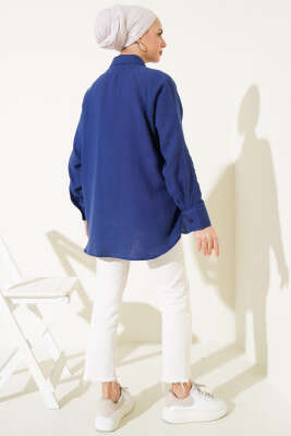 Cep Detaylı Müslin Gömlek Lacivert - Thumbnail