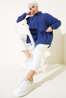 Cep Detaylı Müslin Gömlek Lacivert - Thumbnail