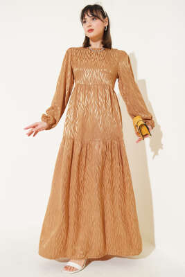 Pazarium - Dalga Desen Jakar Elbise Camel