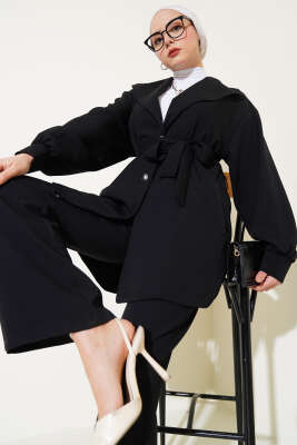 Pazarium - Kruvaze Yaka Kuşaklı İkili Takım Siyah