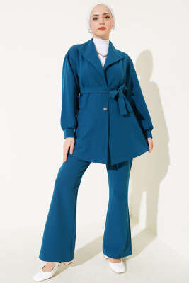 Pazarium - Kruvaze Yaka Kuşaklı İkili Takım Petrol