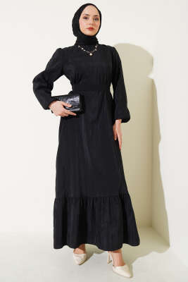 Pazarium - Kırışık Doku Kuşaklı Elbise Siyah