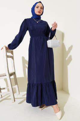 Pazarium - Kırışık Doku Kuşaklı Elbise Lacivert