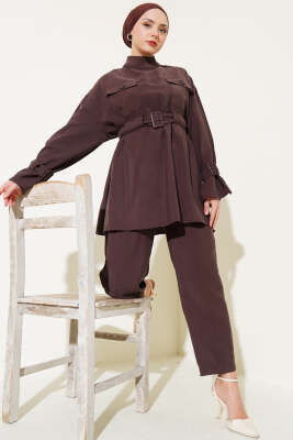 Göğüs Cepli Bileği Kemerli İkili Takım Kahve - Thumbnail