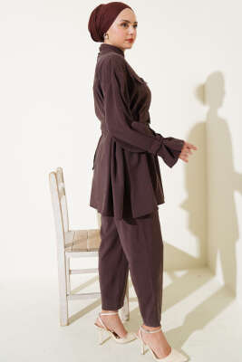 Göğüs Cepli Bileği Kemerli İkili Takım Kahve - Thumbnail