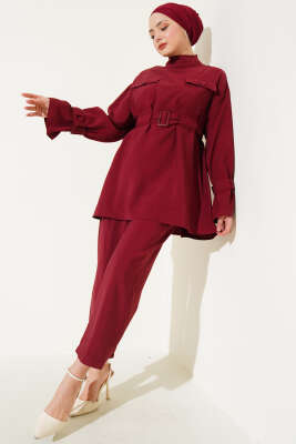 Pazarium - Göğüs Cepli Bileği Kemerli İkili Takım Bordo