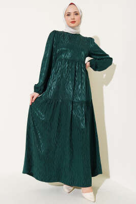 Pazarium - Dalga Desen Jakar Elbise Zümrüt