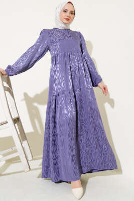 Pazarium - Dalga Desen Jakar Elbise Lila