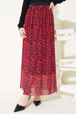 Pazarium - Bel Lastikli Desenli Şifon Etek Kırmızı