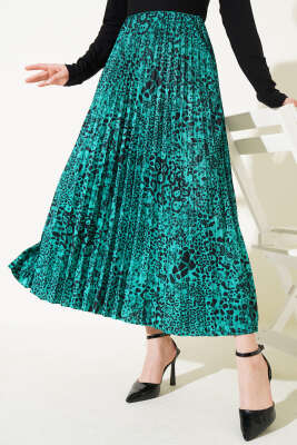 Karışık Desenli Piliseli Etek Yeşil - Thumbnail