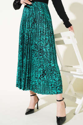 Karışık Desenli Piliseli Etek Yeşil - Thumbnail