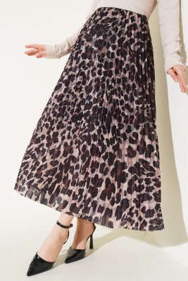 Karışık Desenli Piliseli Etek Siyah - Thumbnail