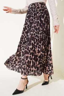 Karışık Desenli Piliseli Etek Siyah - Thumbnail