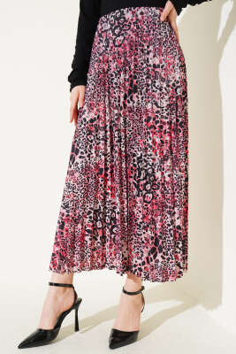 Karışık Desenli Piliseli Etek Nar Çiçeği - Thumbnail