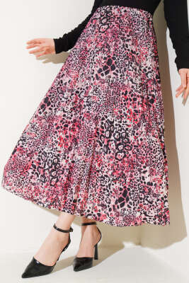 Karışık Desenli Piliseli Etek Nar Çiçeği - Thumbnail